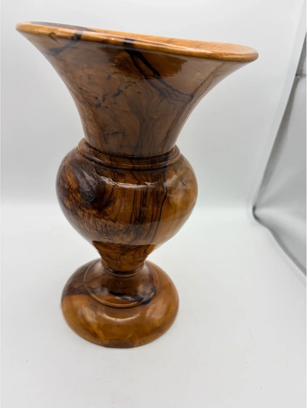 Vintage turned olive wood vase. Rustic and hand crafted.